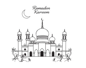 Timeless and elegant Ramadan Kareem design using black and white line art. Bird’s eye view, clear background, and simple, easily colorable lines, Vector.