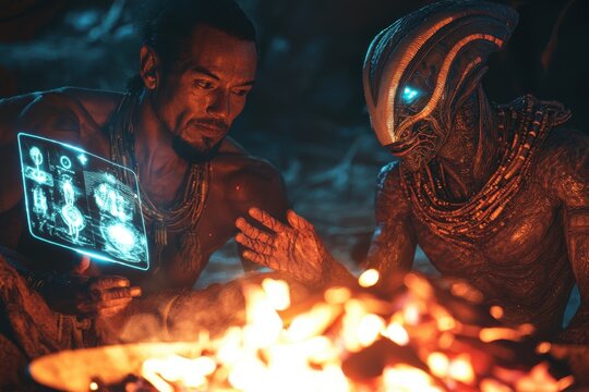 An interspecies dialogue by the warmth of the fire, human and alien sharing knowledge through holographic interface, fostering an understanding and bond between worlds.