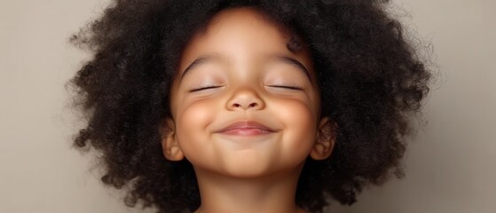 Serene young child with afro hair closed eyes and a gentle smile expressing peace and innocence in a soft light studio shot