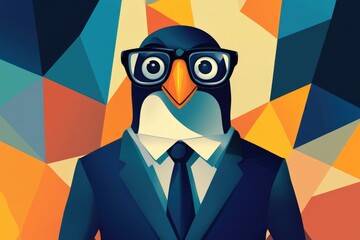 Fototapeta premium A stylized penguin wearing glasses and a suit, set against a vibrant geometric background.