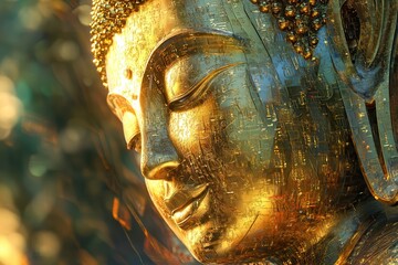 Obraz premium A golden Buddha statue with an intricate design . A serene golden Buddha statue stands majestically in the background, radiating tranquility and spiritual presence.