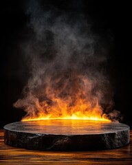 Dramatic stage with fire and smoke on a black background, spotlight on stone platform for product display, moody and intense atmosphere