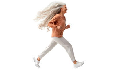 Senior Woman Running Active Lifestyle, Grey Hair and Fitness in Studio Setting, isolated on transparent background.