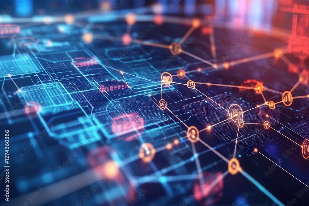 Poster a global map overlaid with digital blockchain nodes and data connections . a world map featuring num