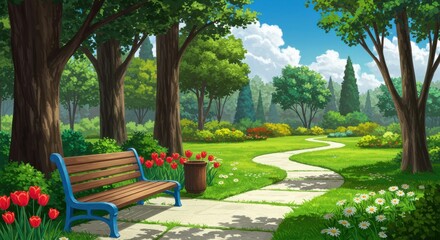 a serene park setting. The scene is vibrant and colorful, with a clear blue sky dotted with fluffy white clouds.