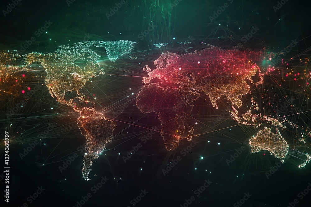 Poster a global map overlaid with digital blockchain nodes and data connections . a world map featuring num