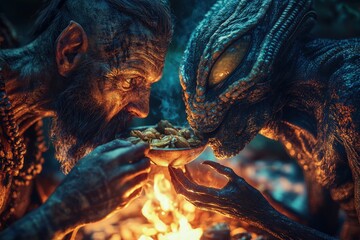 A captivating encounter: A weathered man shares a meal with a reptilian alien by a crackling fire, fostering an unusual connection and breaking barriers of space.