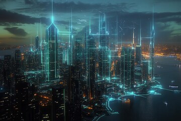 Obraz premium A global economic network represented by holographic nodes connecting major cities across the globe,