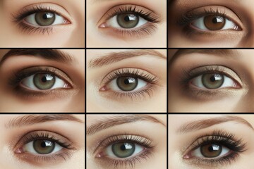 Naklejka premium Different beautiful eyes with makeup in grid layout. Various shades and styles of eye makeup