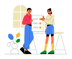 Two Young Professionals Discussing Project Details in Flat Vector Illustration Symbolizing Team Collaboration, Workplace Communication, and Business Planning, Isolated on White Background.