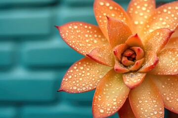 Close-up of a succulent plant with dew drops on its vibrant orange petals against a teal background.