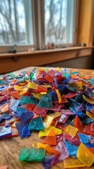 Fototapeta premium Vibrant mosaic glass pieces creating colorful texture on wooden table with natural light and window view artistic composition and creative concept
