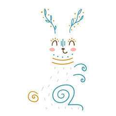 A whimsical illustration of a rabbit with decorative elements, featuring a cheerful expression and stylized design.