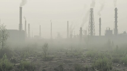 Fototapeta premium Foggy Industrial Landscape with Toxic Environment and Pollution