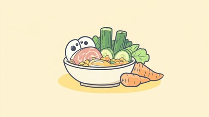 Healthy bowl of soup, colorful vegetables, and meat, food illustration