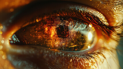 Close-up of a human eye showcasing holographic metaverse connections and cyber elements