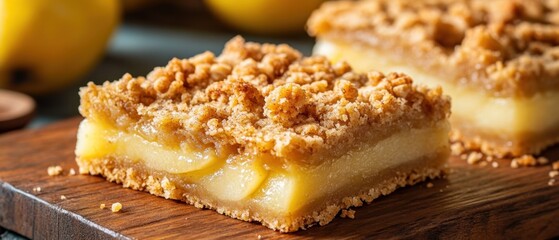 Delicious apple crumble bars on rustic wooden board showcasing golden crust and sweet fruit filling inviting dessert indulgence capturing culinary delight