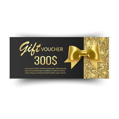 Golden voucher or gift card, gold certificate for discount. Set of isolated template for present coupon with ribbon and bow. Vector illustration