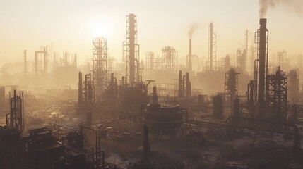 Obraz premium Ruined Industrial Complex in Rusty Twilight Glow with Smoke