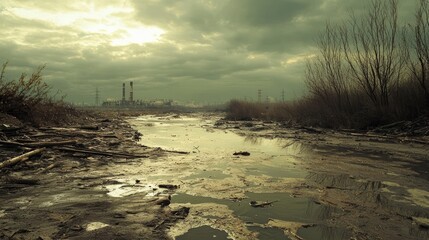 Polluted River Scene with Floating Debris Under Cloudy Sky