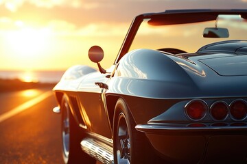 Classic convertible cruising at sunset, showcasing its sleek design and vibrant colors.