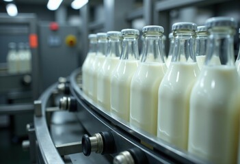 Milk bottles on conveyor belt in dairy processing plant