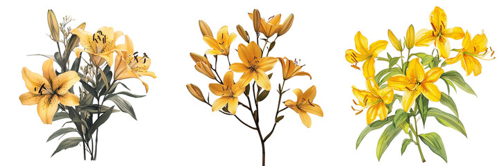 Obraz premium Collection of bright yellow lilies growing isolated on a transparent background