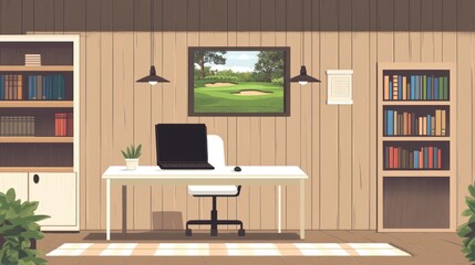 Fototapeta premium Home office, desk, bookshelves, golf course view, relaxing workspace