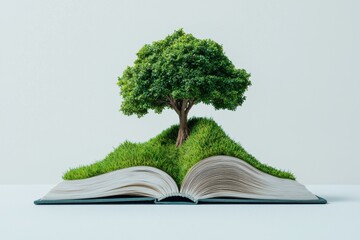Tree growing from open book intellectual atmosphere nature scene minimalist inspirational concept