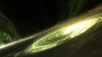 Breathtaking cosmic landscape featuring green nebulae flowing like auroras in dark space