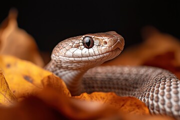 Fototapeta premium Dramatic closeup of a snake slithering through leaves wildlife safari macro photography natural habitat ground level wild encounter