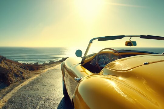 Fototapeta A yellow classic convertible car parked on a coastal road during sunset, enjoying the ocean view.