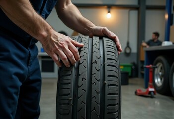 Male mechanic checking tire tread in garage workshop