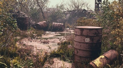 Abandoned Toxic Waste Dump Surrounded by Overgrown Vegetation