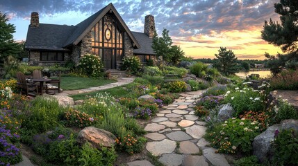 Naklejka premium Stone House Lakeside Garden Sunset View