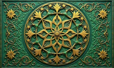 Obraz premium Intricate golden mandala design on emerald green background, symbolizing sacred geometry and spiritual harmony