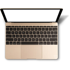 A top view of a sleek, modern laptop with a blank screen, showcasing its minimalist design and keyboard layout.