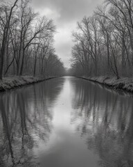 Serene Canal Scene with Bare Trees Reflecting in Calm Water Under a Cloudy Sky in Black and White