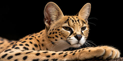 Serval Cat Close-up, Black Background