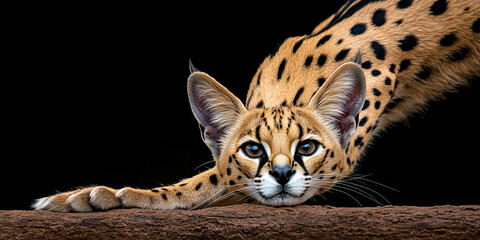 Serval Cat on Log with Black Background