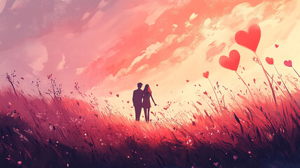 Fototapeta premium Enchanted Couple in a Dreamy Sunset Meadow