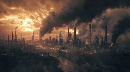 Fototapeta premium Dark Industrial Factory Complex Releasing Smoke at Sunset