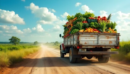 Vintage truck loaded with fresh produce driving on dusty rural road, symbolizing farm-to-table journey