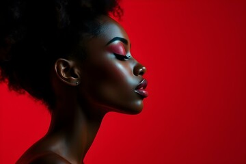 Striking profile portrait of black woman against vivid red background, showcasing strength and beauty