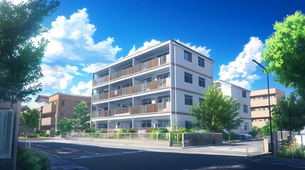 Sunny day residential apartment building on a quiet street.