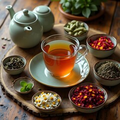 A tea ritual surrounded by bowls of dried loose-leaf herbs.