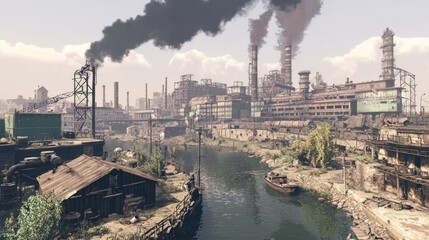 Decayed Industrial City Landscape Surrounded by Factory Structures