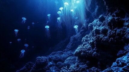 Mesmerizing mariana trench glow  bioluminescent plankton and jellyfish create enchanting scene