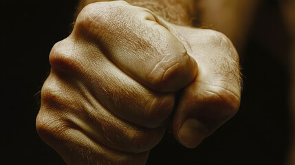 Clenched fist showcasing physical pain and intense emotion under dramatic lighting