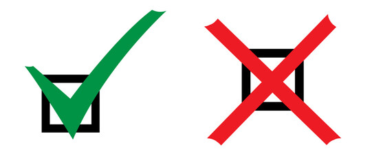 Checkmark icons tick and cross sign green check mark and red x cross on white background. Circle shape yes correct and no wrong button, black color. Done. Tick check mark icon vector illustration. 10